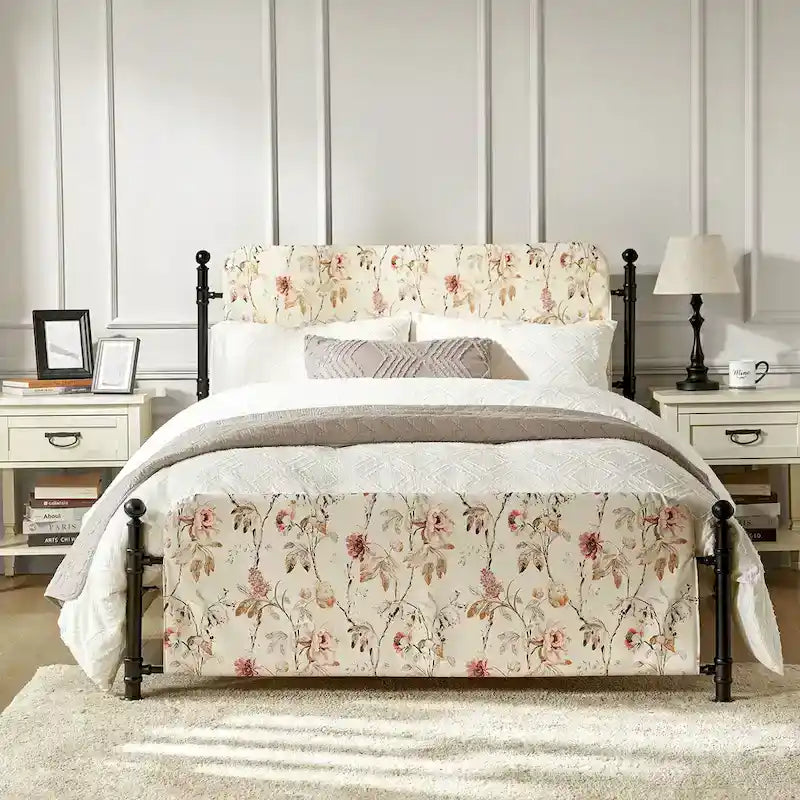 Diana Transitional 62 Floral Upholstered Platform Metal Bed Frame with Washable Slipcover by HULALA HOME