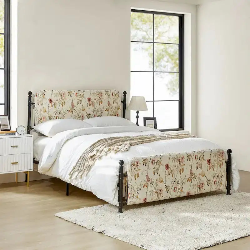 Diana Transitional 62 Floral Upholstered Platform Metal Bed Frame with Washable Slipcover by HULALA HOME