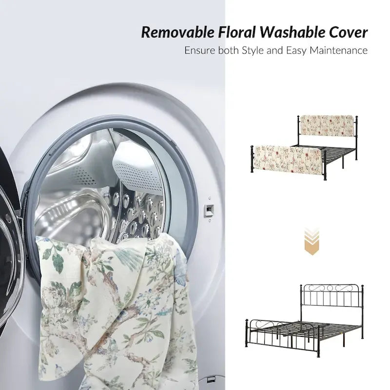 Diana Transitional 62 Floral Upholstered Platform Metal Bed Frame with Washable Slipcover by HULALA HOME
