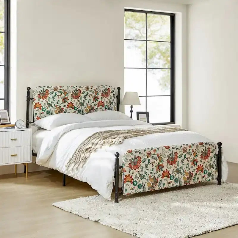 Diana Transitional 62 Floral Upholstered Platform Metal Bed Frame with Washable Slipcover by HULALA HOME