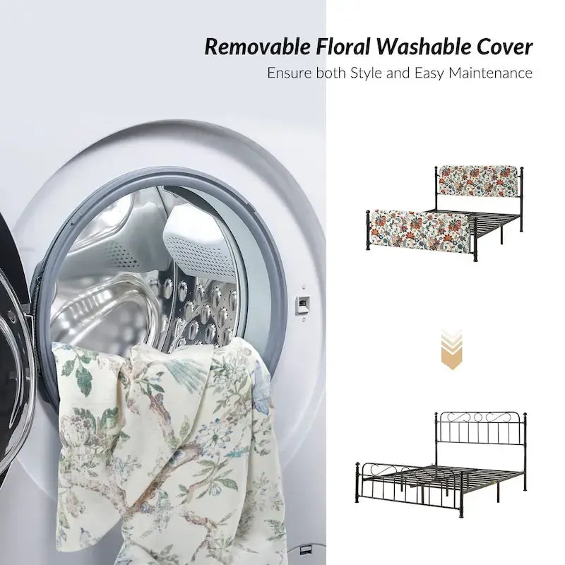 Diana Transitional 62 Floral Upholstered Platform Metal Bed Frame with Washable Slipcover by HULALA HOME