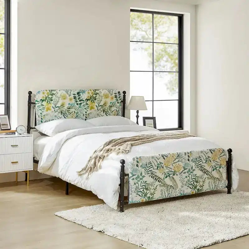 Diana Transitional 62 Floral Upholstered Platform Metal Bed Frame with Washable Slipcover by HULALA HOME