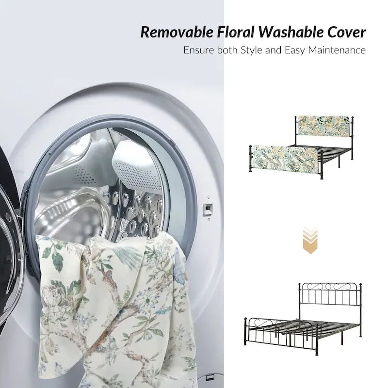 Diana Transitional 62 Floral Upholstered Platform Metal Bed Frame with Washable Slipcover by HULALA HOME