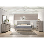 Roundhill Furniture Alvear Upholstered Wood Panel Bed, Dresser, Mirror, 2 Nightstands, and Chest, Weathered Gray