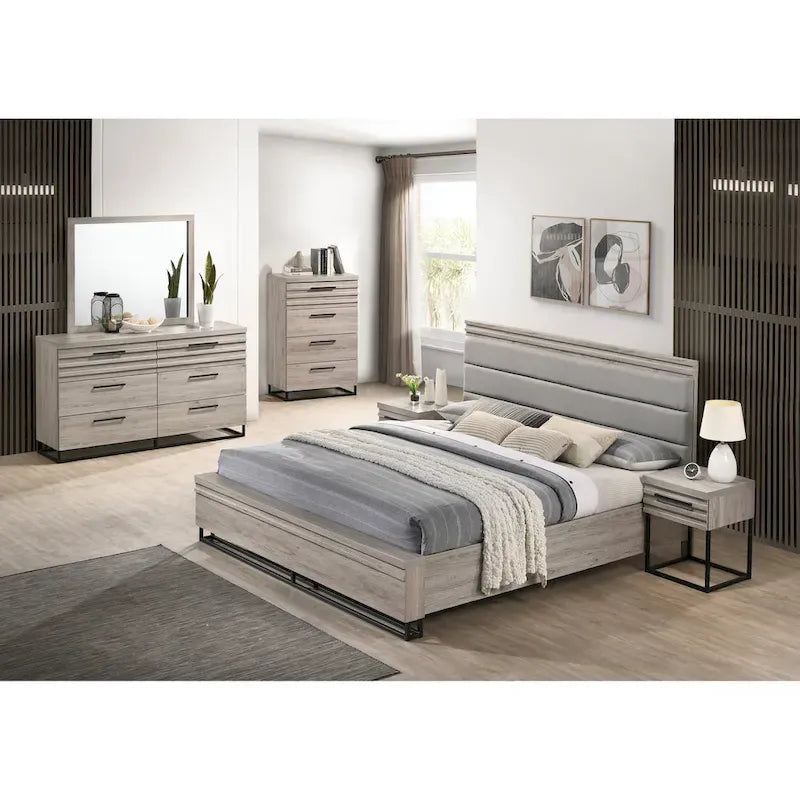 Roundhill Furniture Alvear Upholstered Wood Panel Bed, Dresser, Mirror, 2 Nightstands, and Chest, Weathered Gray