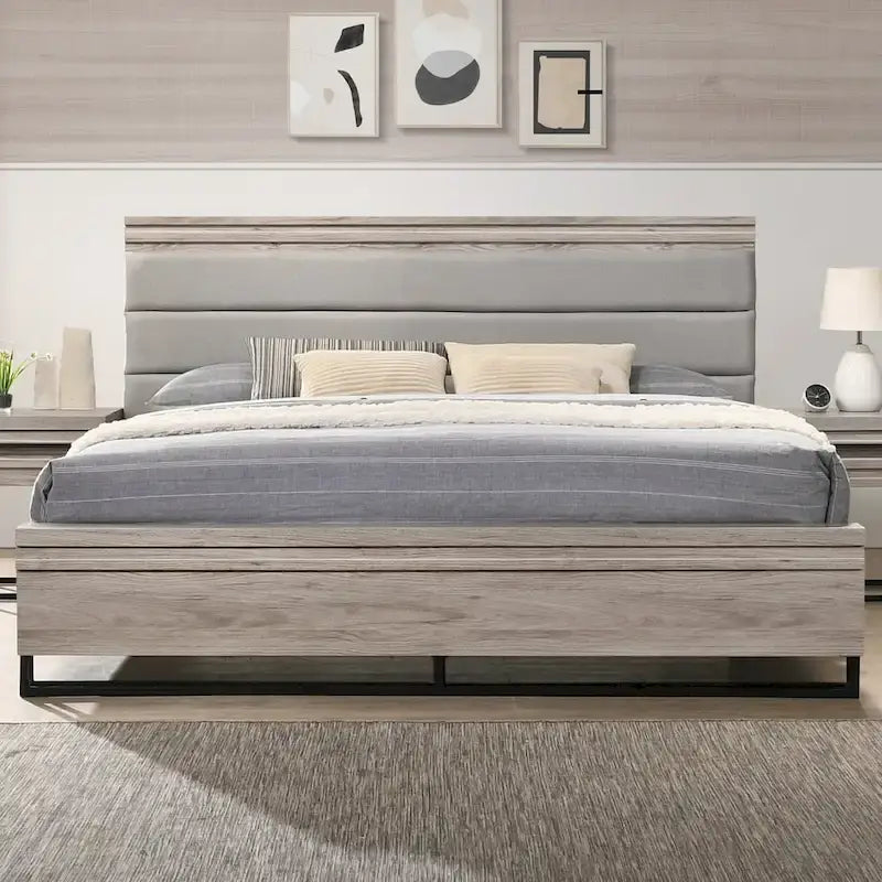 Roundhill Furniture Alvear Upholstered Wood Panel Bed, Dresser, Mirror, 2 Nightstands, and Chest, Weathered Gray