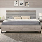 Roundhill Furniture Alvear Upholstered Wood Panel Bed, Dresser, Mirror, 2 Nightstands, and Chest, Weathered Gray