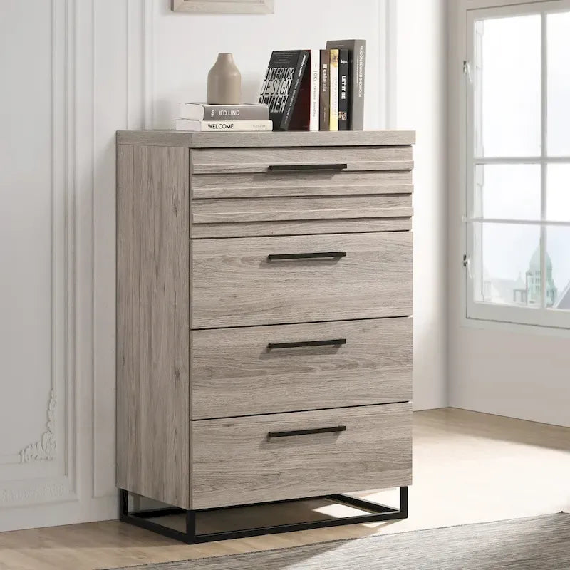 Roundhill Furniture Alvear Upholstered Wood Panel Bed, Dresser, Mirror, 2 Nightstands, and Chest, Weathered Gray