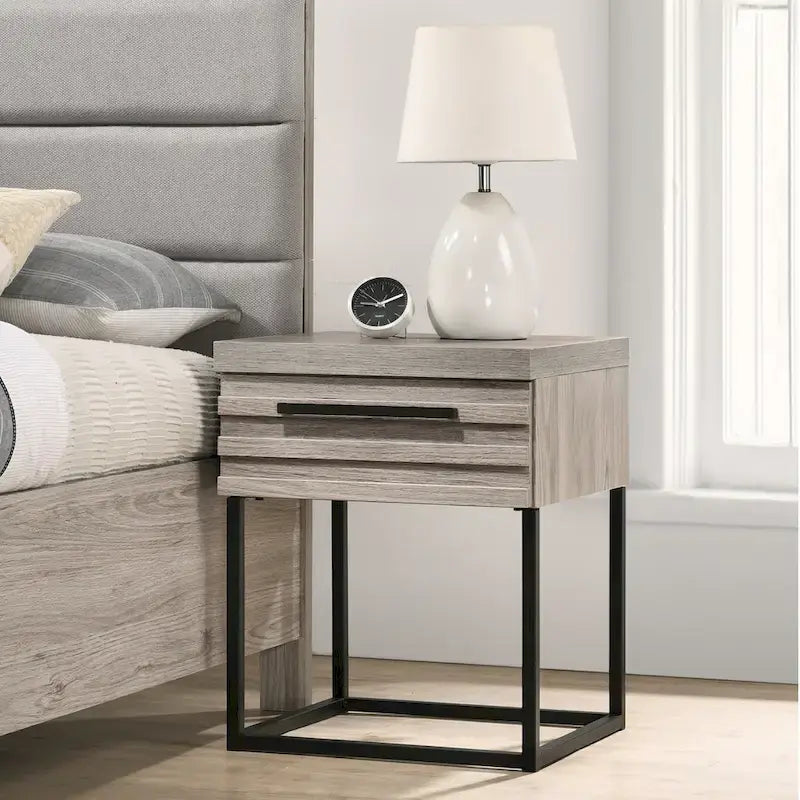 Roundhill Furniture Alvear Upholstered Wood Panel Bed, Dresser, Mirror, 2 Nightstands, and Chest, Weathered Gray