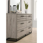 Roundhill Furniture Alvear Upholstered Wood Panel Bed, Dresser, Mirror, 2 Nightstands, and Chest, Weathered Gray