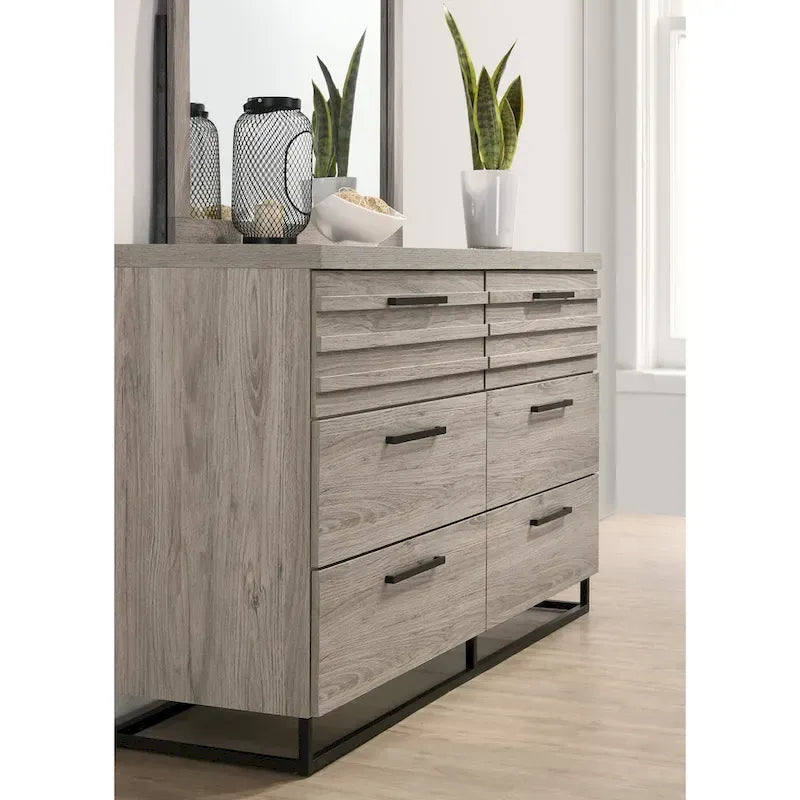 Roundhill Furniture Alvear Upholstered Wood Panel Bed, Dresser, Mirror, 2 Nightstands, and Chest, Weathered Gray