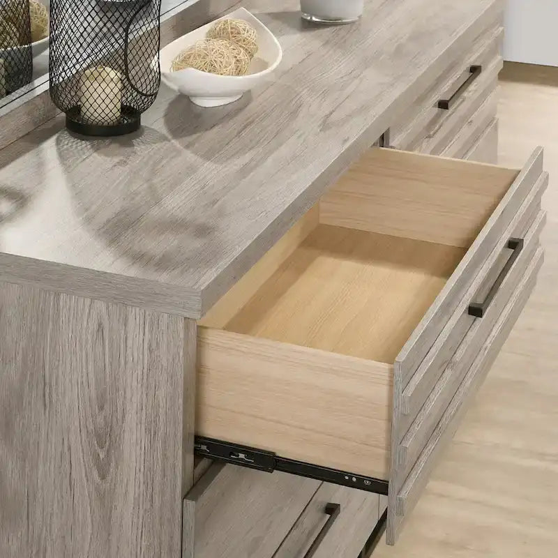 Roundhill Furniture Alvear Upholstered Wood Panel Bed, Dresser, Mirror, 2 Nightstands, and Chest, Weathered Gray