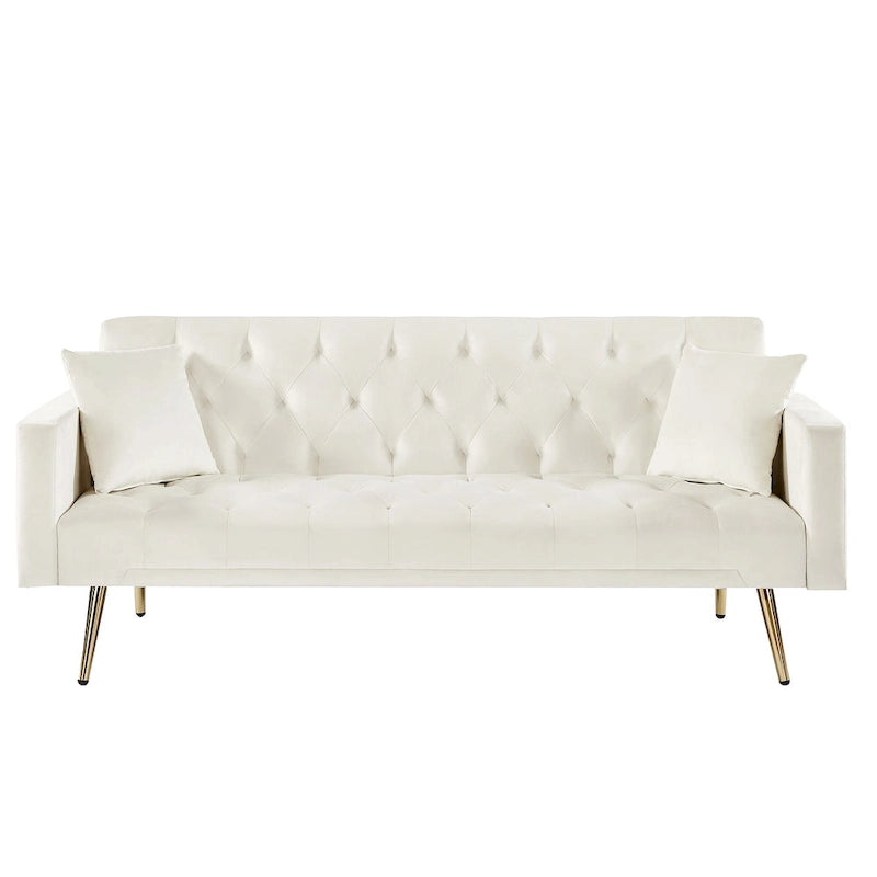 Tufted Upholstered Convertible Folding Sofa Bed Cream White