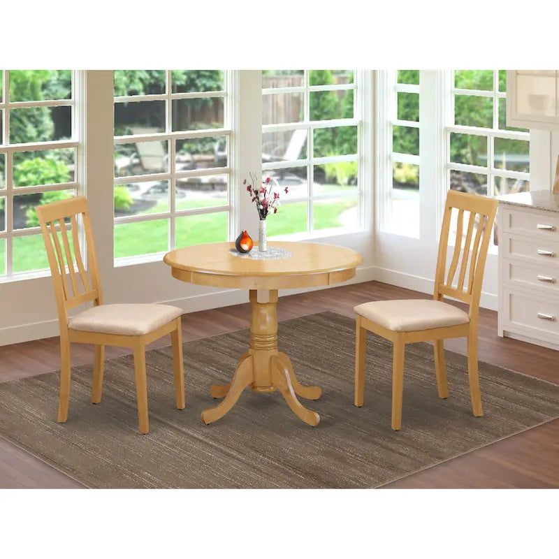East West Furniture 3 Piece Kitchen Table Set- A Round Dining Room Table and 2 Kitchen Chairs, 36x36 Inch, Oak (Seat Options)