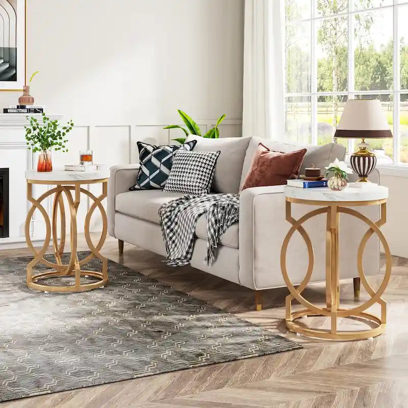 Gold End Table, Round Side Table with Faux Marble Top
