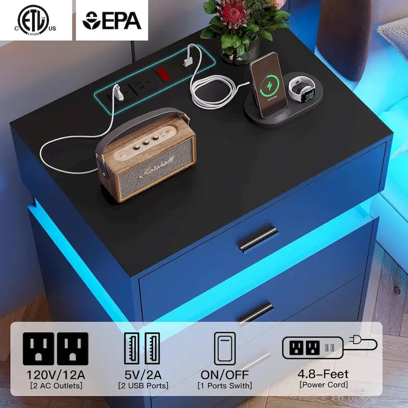 3 Drawers Nightstand Acrylic LED Light Charging Station