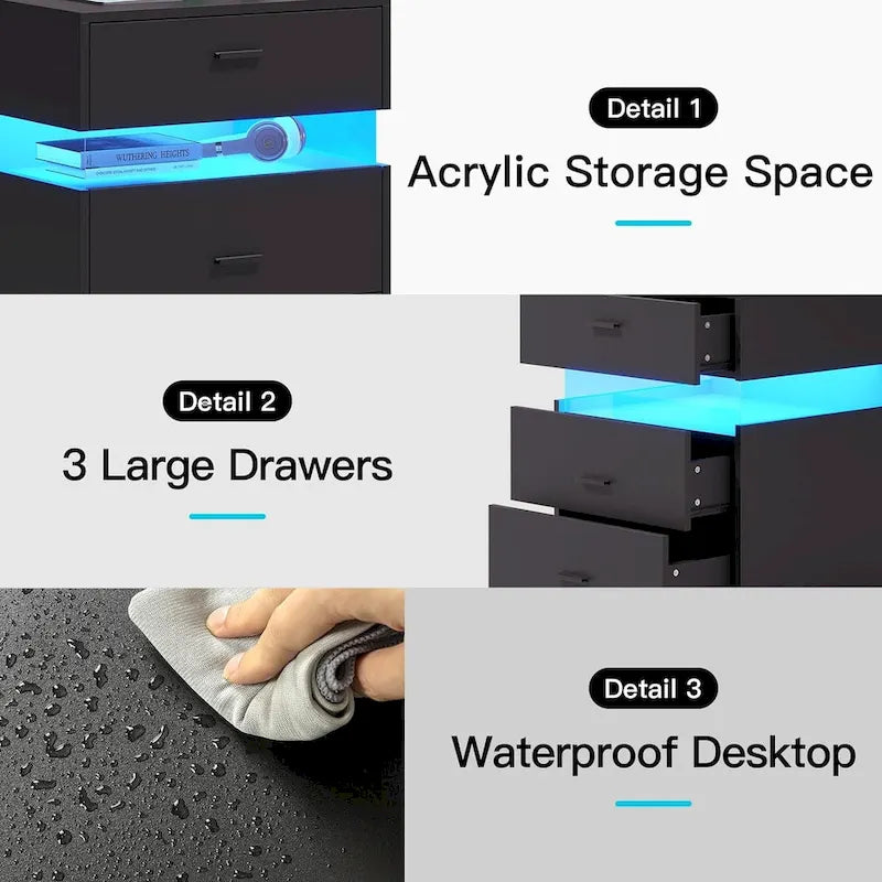 3 Drawers Nightstand Acrylic LED Light Charging Station