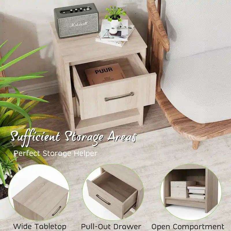 Gymax Nightstand with Drawer Storage Shelf Wooden End Side Table
