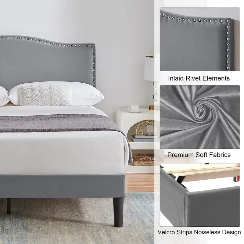 VECELO, Upholstered Platform Bed Frame with Nailhead Headboard Twin Full Queen Size Bed-Grey
