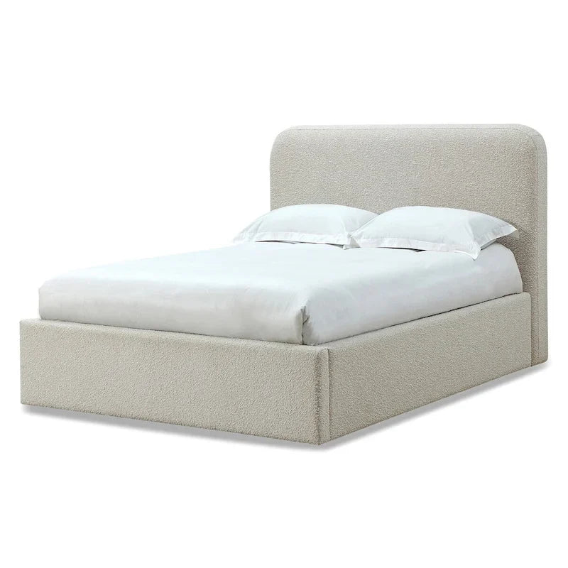 Off-White Upholstered Platform Bed in Ricotta Boucle