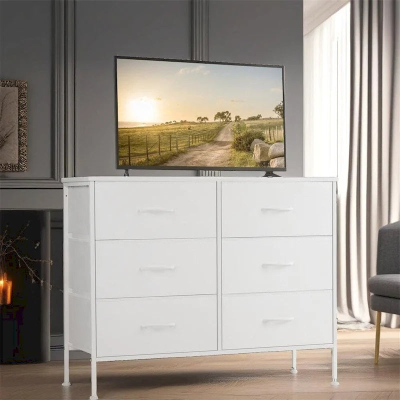 6 Drawers Dresser Chest with Metal Frame and Wooden Top