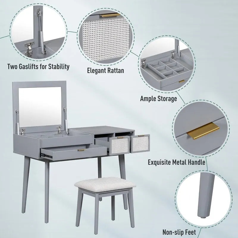 Grondin Modern Style Vanity Set with Flip Top Mirror, Cushioned Stool and Drawers, 2-in-1 Makeup table Set for Bedroom