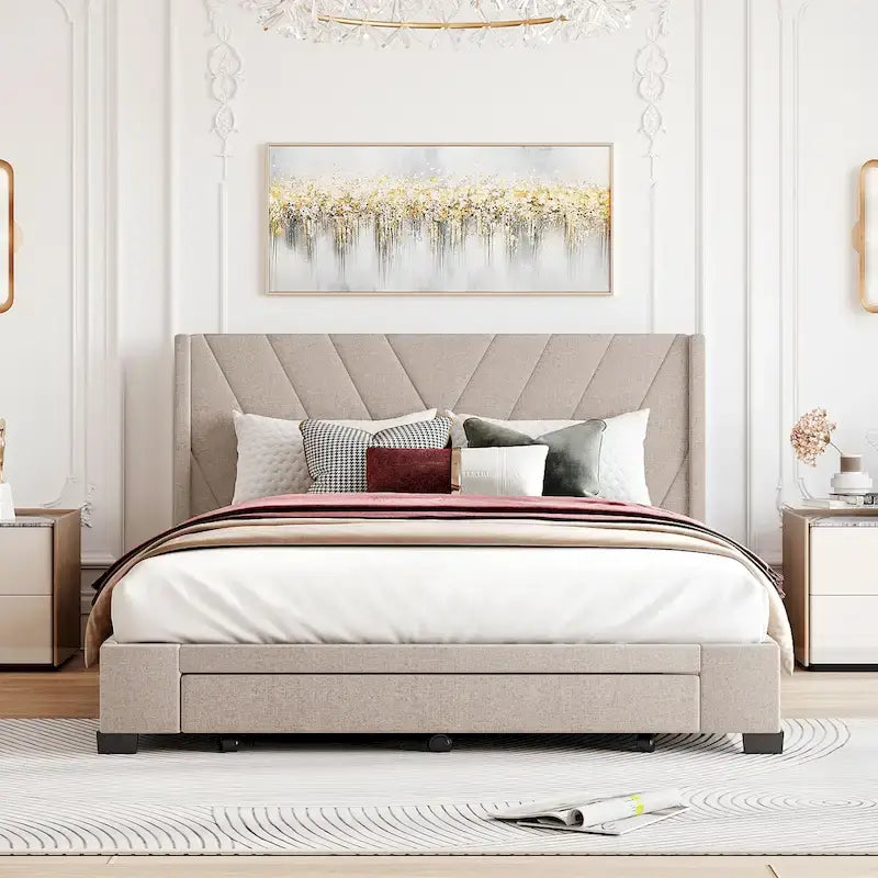 CUSchoice Queen Size Linen Upholstered Platform Bed with 3 Drawers and Storage