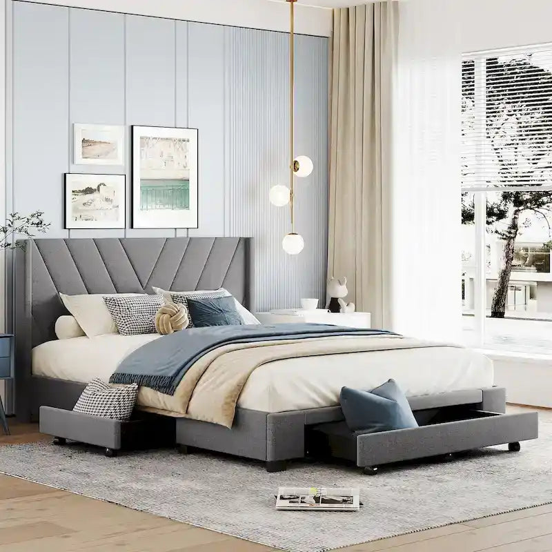 CUSchoice Queen Size Linen Upholstered Platform Bed with 3 Drawers and Storage