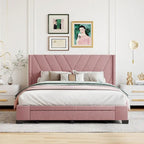CUSchoice Queen Size Linen Upholstered Platform Bed with 3 Drawers and Storage