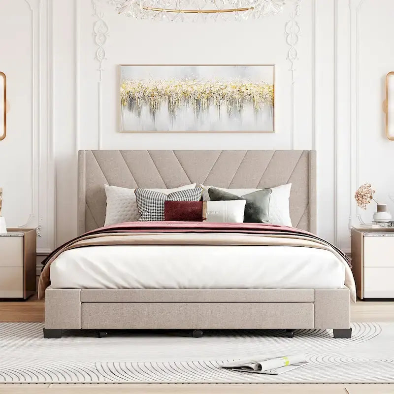 CUSchoice Queen Size Linen Upholstered Platform Bed with 3 Drawers and Storage