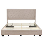CUSchoice Queen Size Linen Upholstered Platform Bed with 3 Drawers and Storage