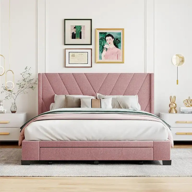 CUSchoice Queen Size Linen Upholstered Platform Bed with 3 Drawers and Storage