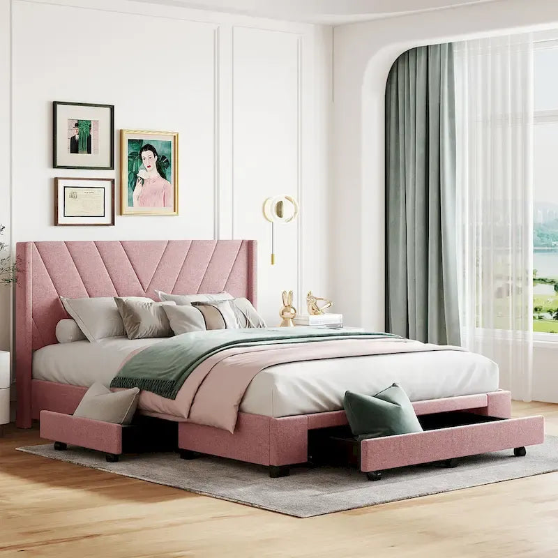 CUSchoice Queen Size Linen Upholstered Platform Bed with 3 Drawers and Storage