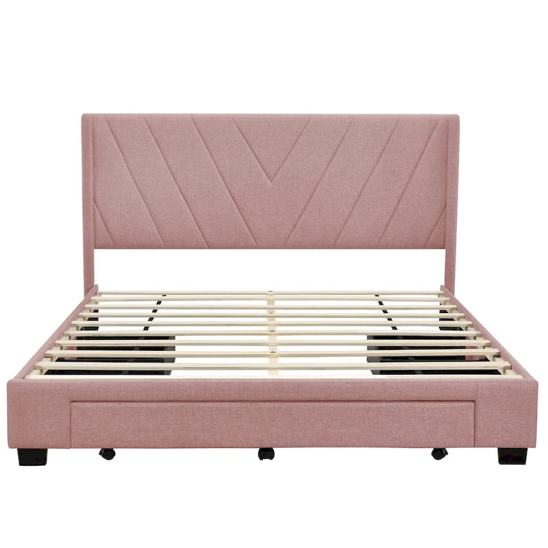 CUSchoice Queen Size Linen Upholstered Platform Bed with 3 Drawers and Storage
