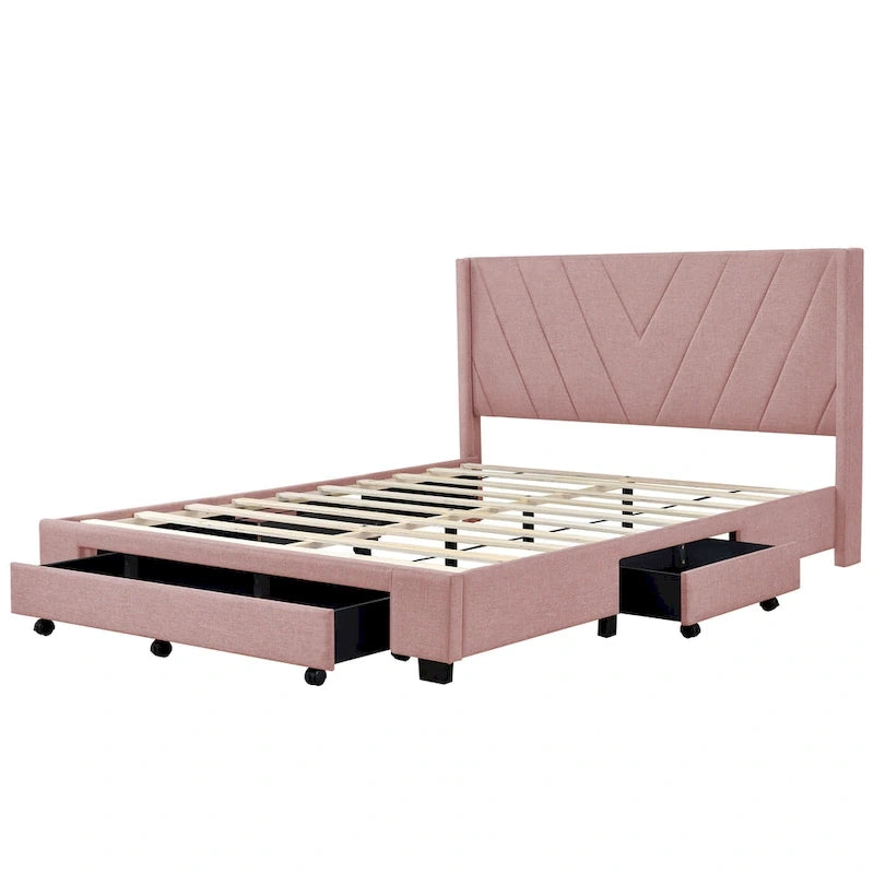 CUSchoice Queen Size Linen Upholstered Platform Bed with 3 Drawers and Storage