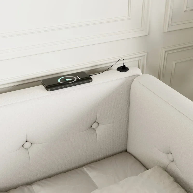 Upholstered Queen Size platform bed with USB Ports, No Box Spring Required, Easy to Assemble