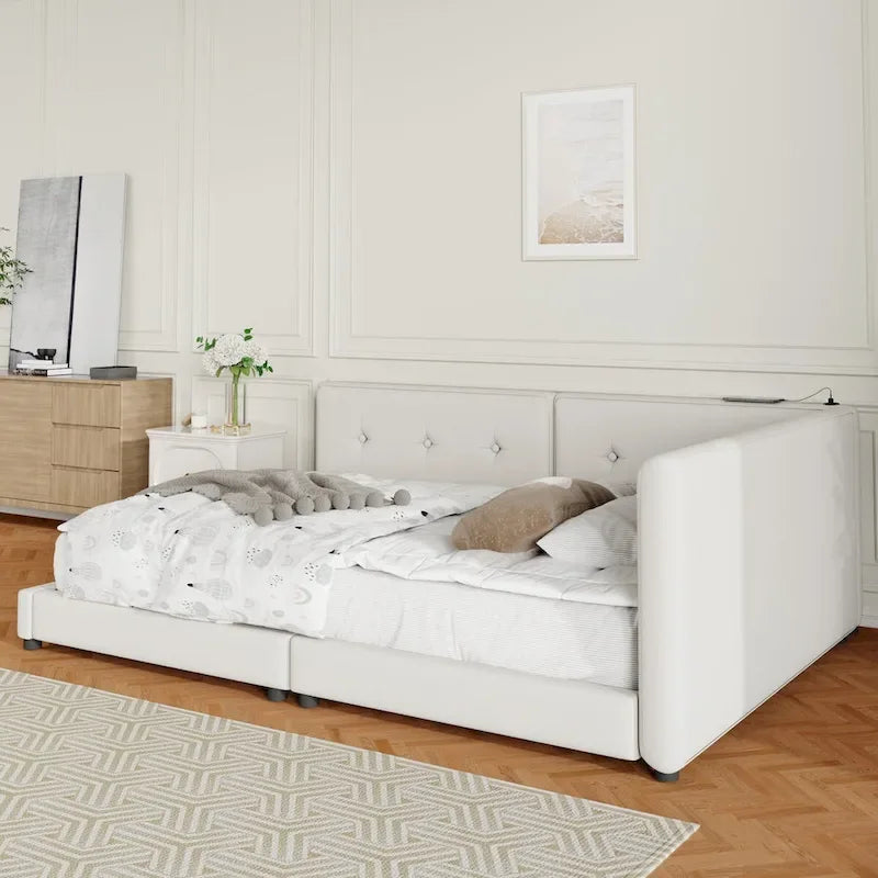 Upholstered Queen Size platform bed with USB Ports, No Box Spring Required, Easy to Assemble