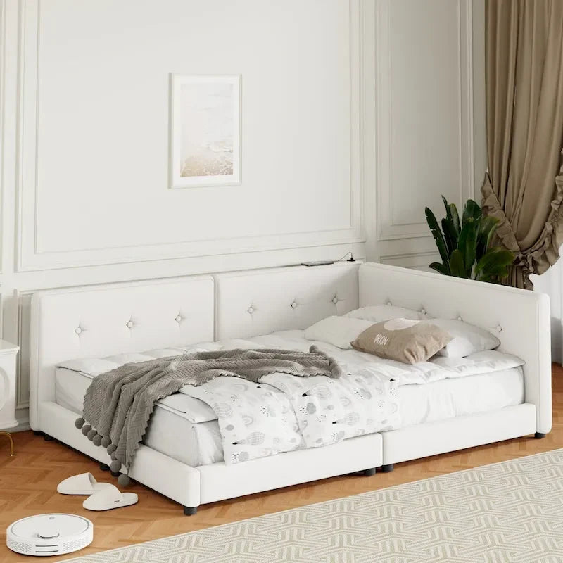 Upholstered Queen Size platform bed with USB Ports, No Box Spring Required, Easy to Assemble