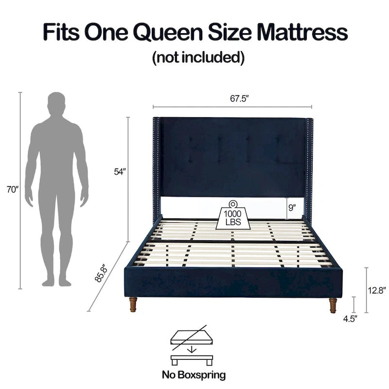 CUSchoice 54 High Headboard Upholstered Queen/King Bed (No Box Spring Needed)