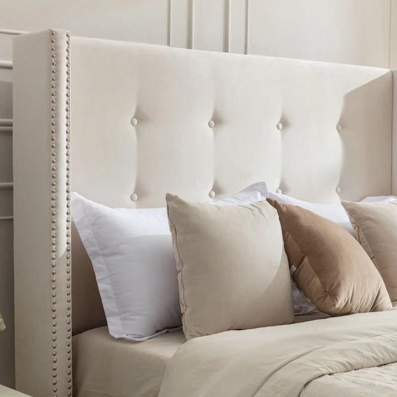 CUSchoice 54 High Headboard Upholstered Queen/King Bed (No Box Spring Needed)