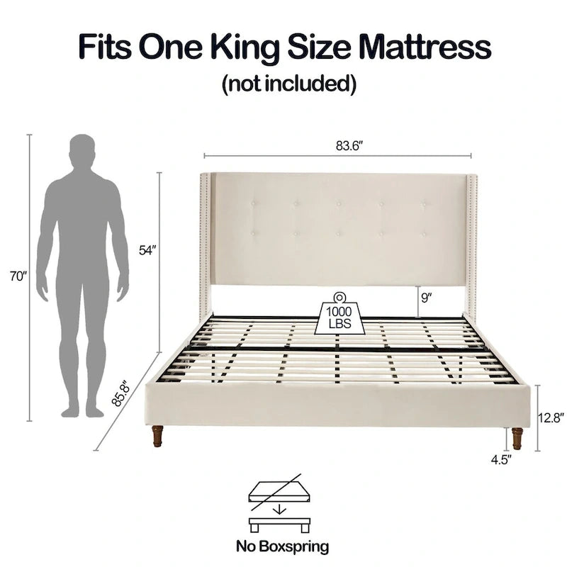 CUSchoice 54 High Headboard Upholstered Queen/King Bed (No Box Spring Needed)