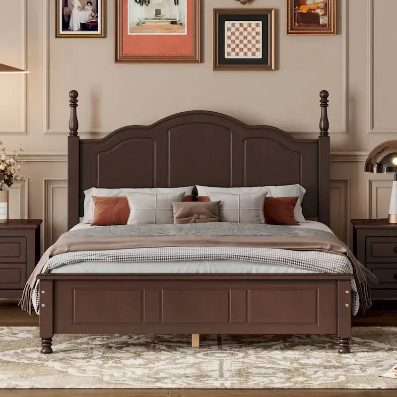 Retro Full/Queen Size Wood Platform Bed Frame with Wooden Slat Support,Dark Walnut