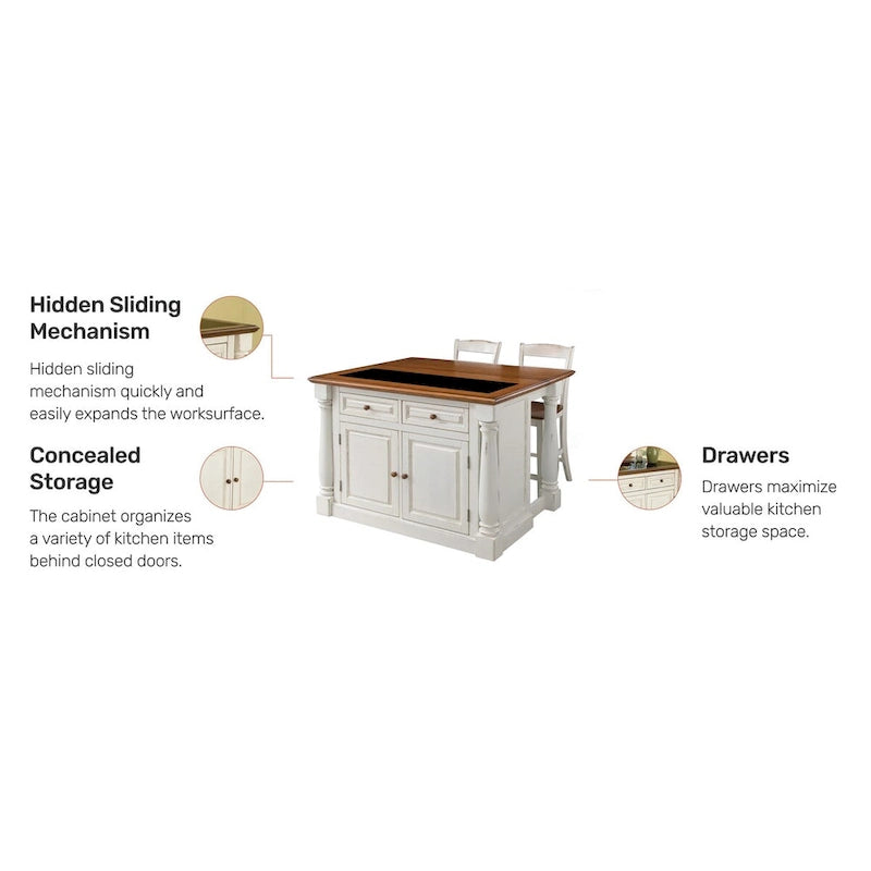 Monarch Off-White Kitchen Island with Granite Top and 2 Stools