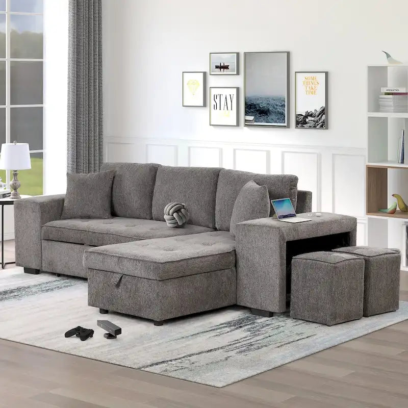 104 Modern L-Shape 3 Seat Reversible Sectional Couch, Pull Out Sleeper Sofa with Storage Chaise and 2 Stools