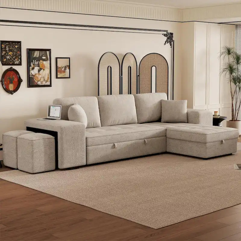104 Modern L-Shape 3 Seat Reversible Sectional Couch, Pull Out Sleeper Sofa with Storage Chaise and 2 Stools