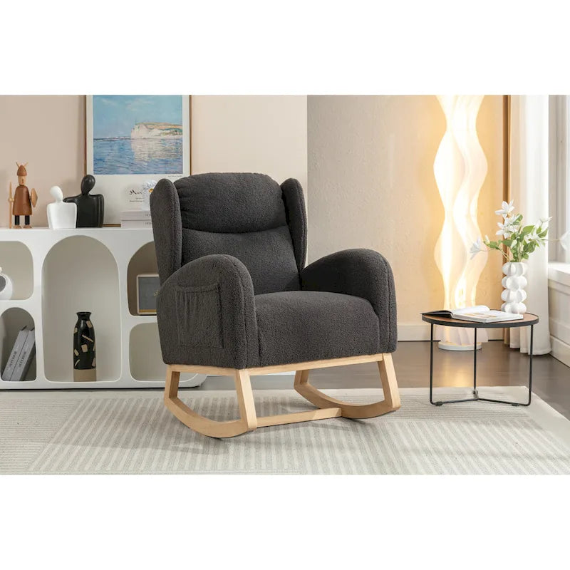 Teddy Fabric Rocking Chair With Packet Wood Legs For Living Room
