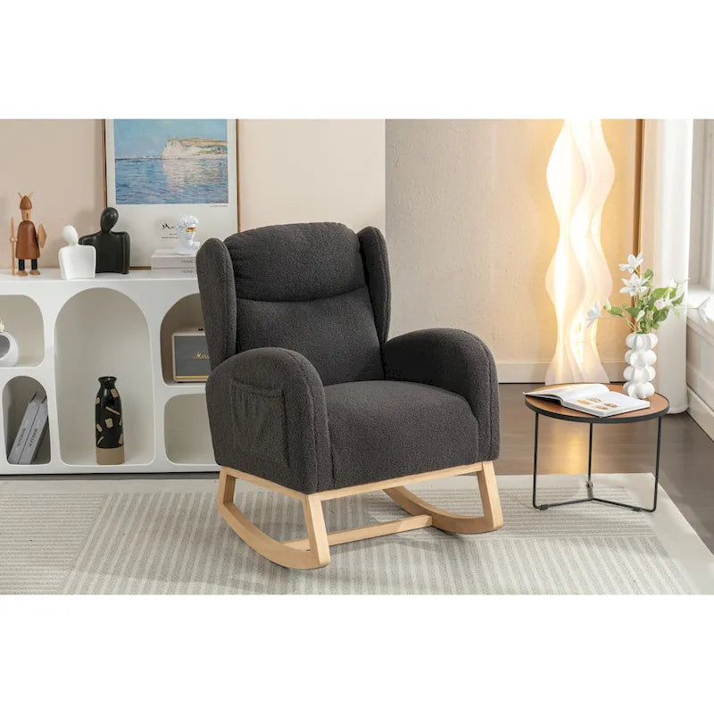 Teddy Fabric Rocking Chair With Packet Wood Legs For Living Room
