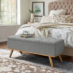 LUE BONA Mid-Century Modern Upholstered Storage Ottoman Button Tufted Fabric Storage Bench with Linen Seat