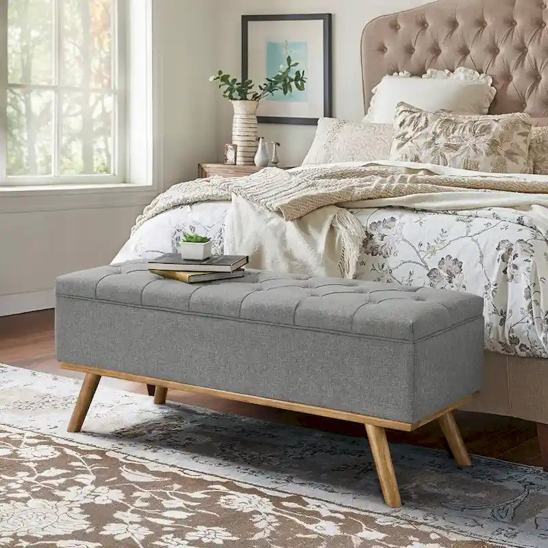 LUE BONA Mid-Century Modern Upholstered Storage Ottoman Button Tufted Fabric Storage Bench with Linen Seat