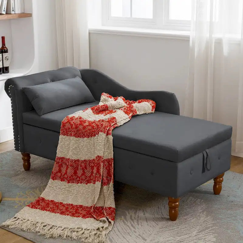 Chaise Lounge Indoor,Velvet Lounge Chair for Bedroom with Storage & Pillow,Modern Upholstered Rolled Arm Chase Lounge